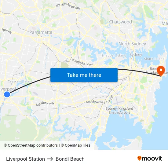 Liverpool Station to Bondi Beach map