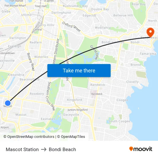 Mascot Station to Bondi Beach map