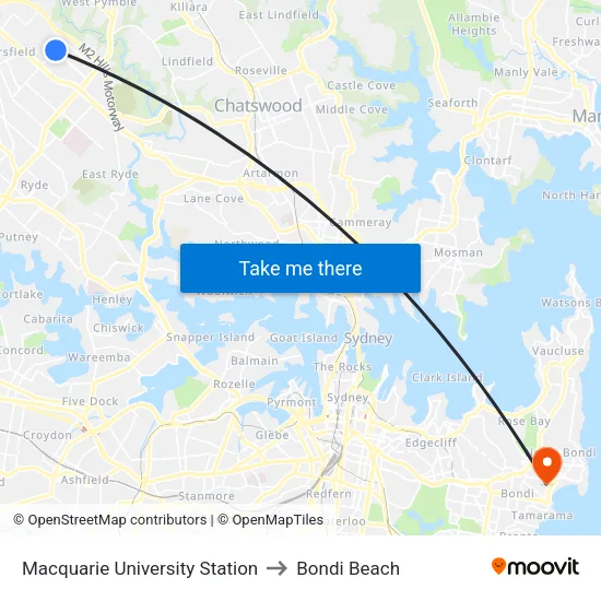 Macquarie University Station to Bondi Beach map