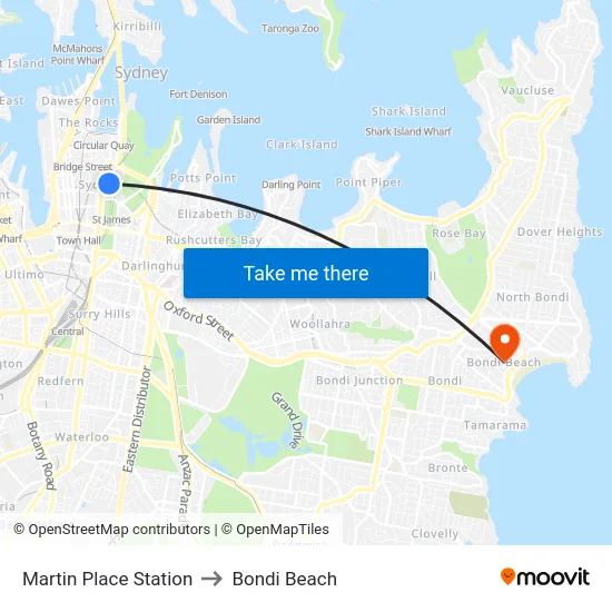 Martin Place Station to Bondi Beach map