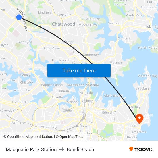 Macquarie Park Station to Bondi Beach map