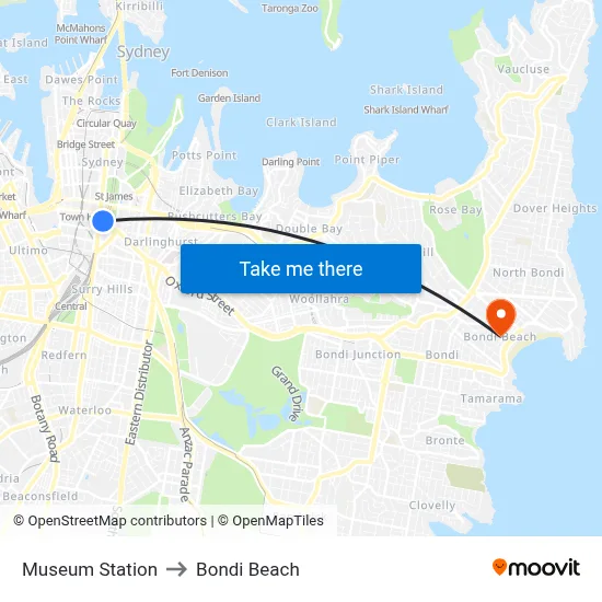 Museum Station to Bondi Beach map