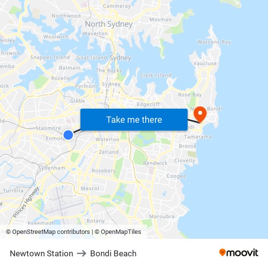 Newtown Station to Bondi Beach map