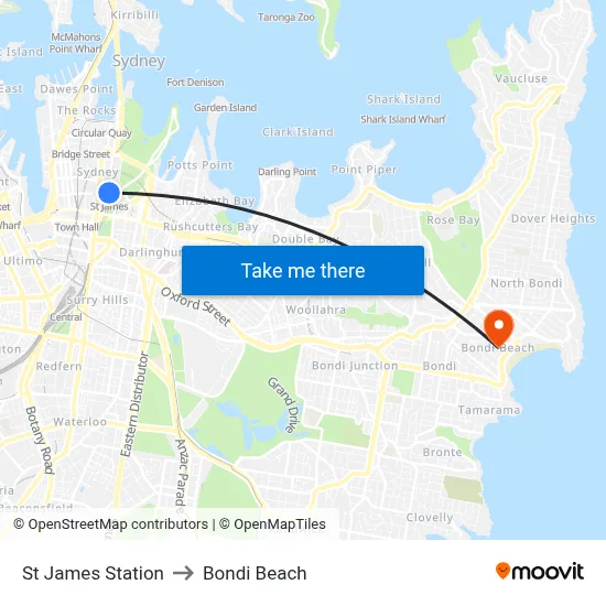 St James Station to Bondi Beach map