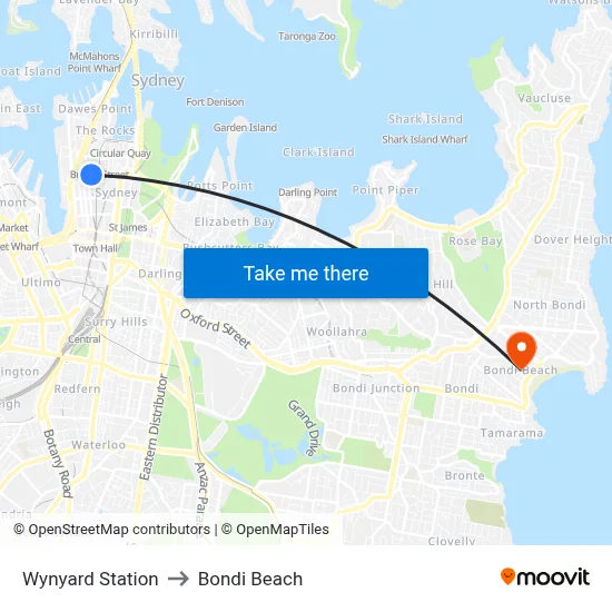 Wynyard Station to Bondi Beach map