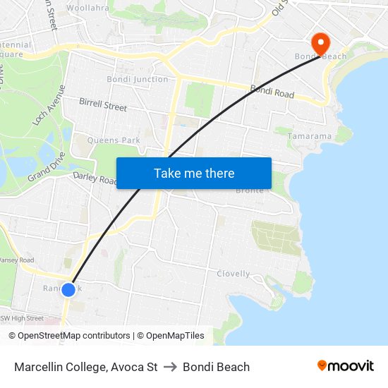 Marcellin College, Avoca St to Bondi Beach map