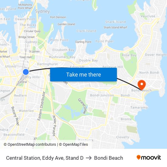 Central Station, Eddy Ave, Stand D to Bondi Beach map