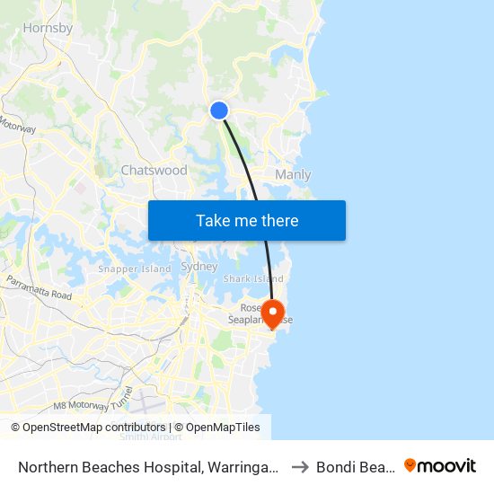 Northern Beaches Hospital, Warringah Rd to Bondi Beach map