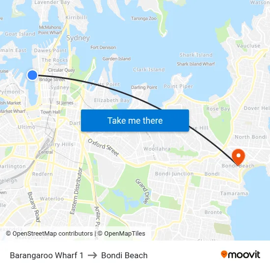 Barangaroo Wharf 1 to Bondi Beach map
