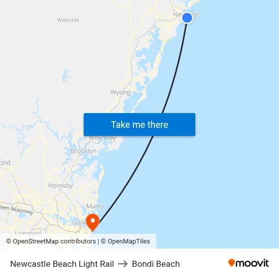Newcastle Beach Light Rail to Bondi Beach map