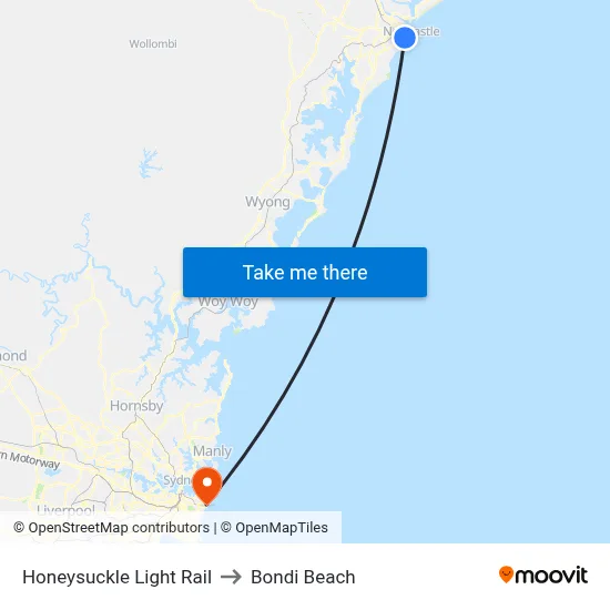 Honeysuckle Light Rail to Bondi Beach map