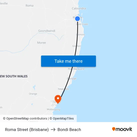 Brisbane Station to Bondi Beach map