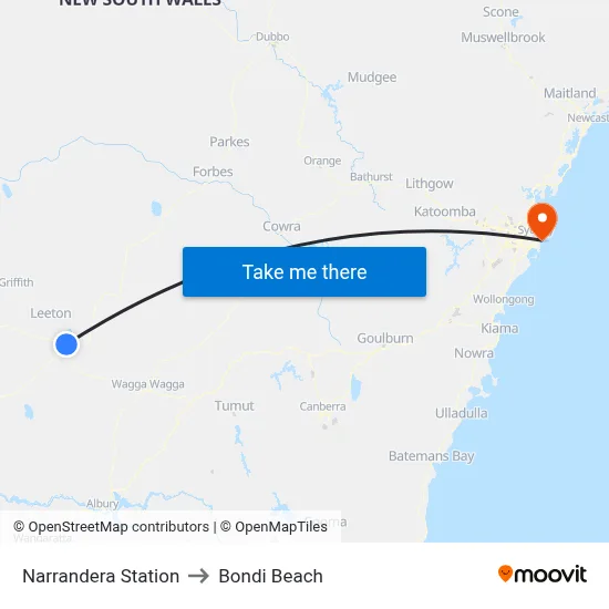 Narrandera Station to Bondi Beach map