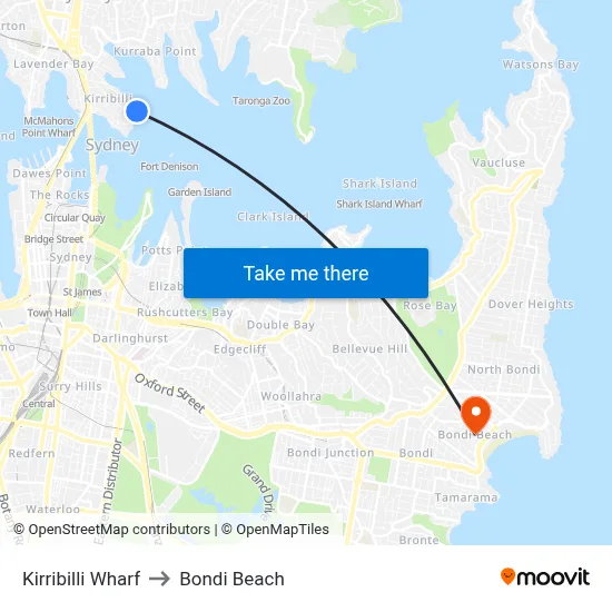 Kirribilli Wharf to Bondi Beach map