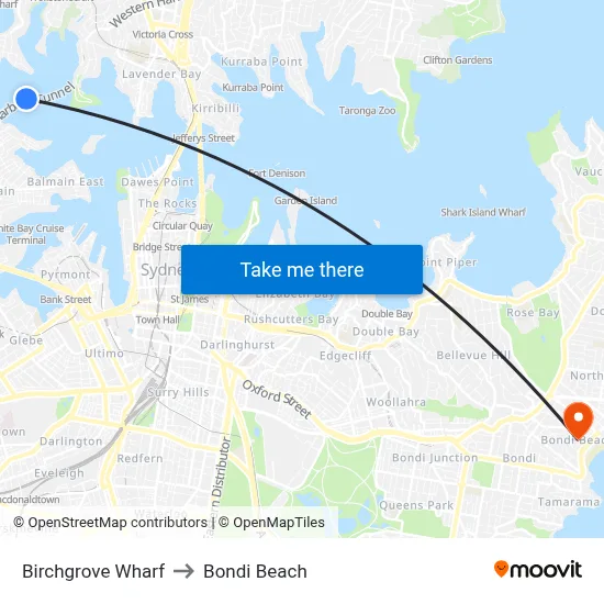 Birchgrove Wharf to Bondi Beach map