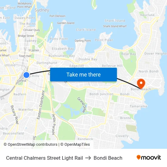 Central Chalmers Street Light Rail to Bondi Beach map