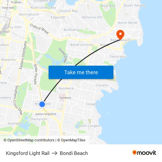 Kingsford Light Rail to Bondi Beach map