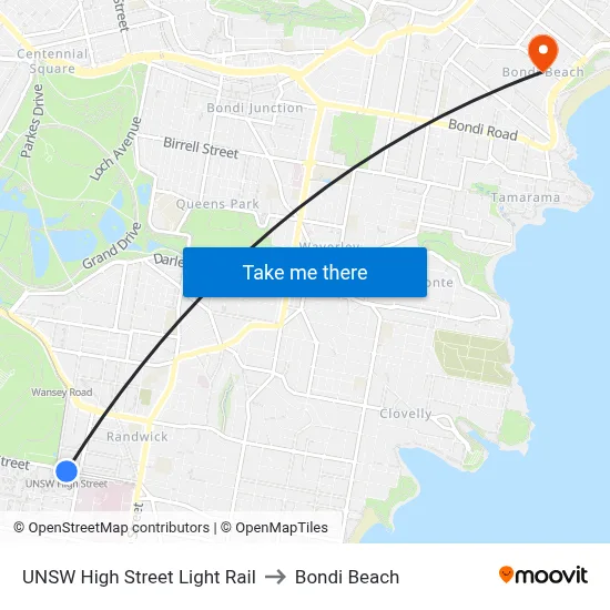 UNSW High Street Light Rail to Bondi Beach map