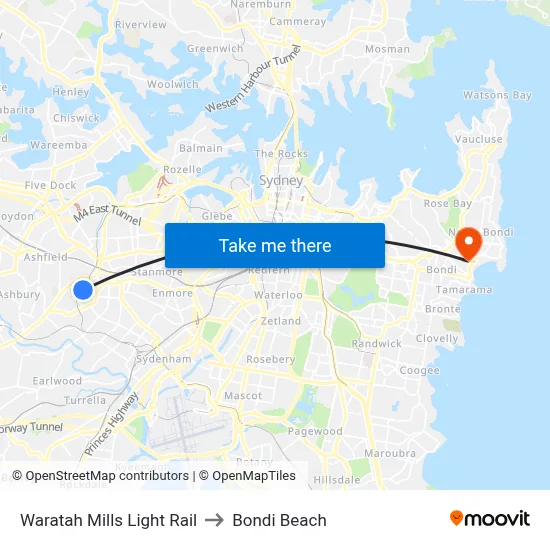 Waratah Mills Light Rail to Bondi Beach map
