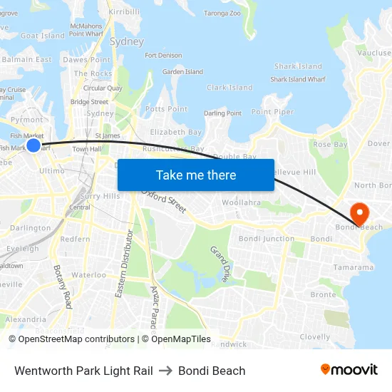 Wentworth Park Light Rail to Bondi Beach map