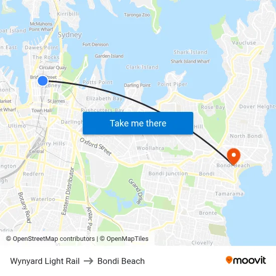 Wynyard Light Rail to Bondi Beach map