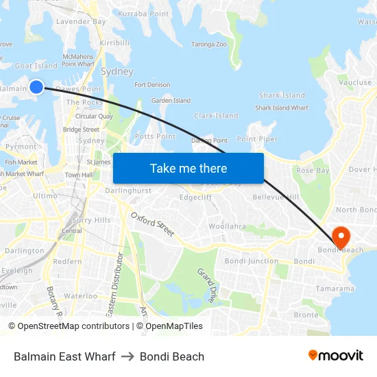 Balmain East Wharf to Bondi Beach map