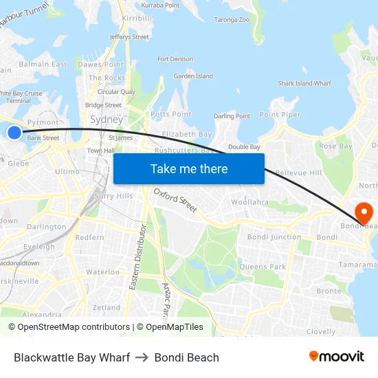 Blackwattle Bay Wharf to Bondi Beach map