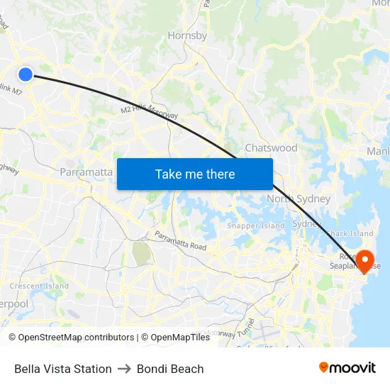 Bella Vista Station to Bondi Beach map