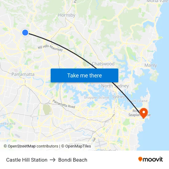 Castle Hill Station to Bondi Beach map