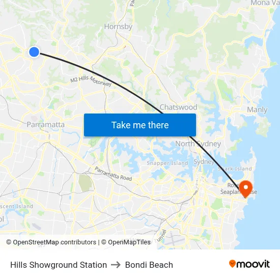 Hills Showground Station to Bondi Beach map