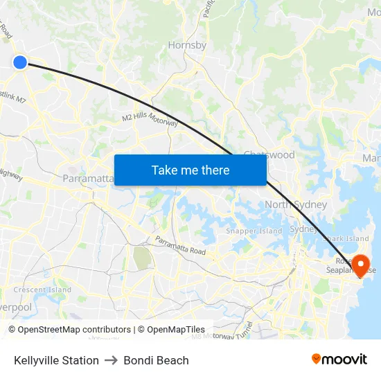 Kellyville Station to Bondi Beach map
