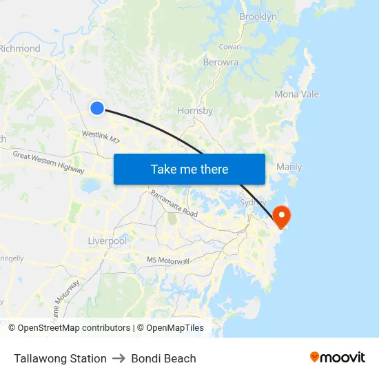 Tallawong Station to Bondi Beach map