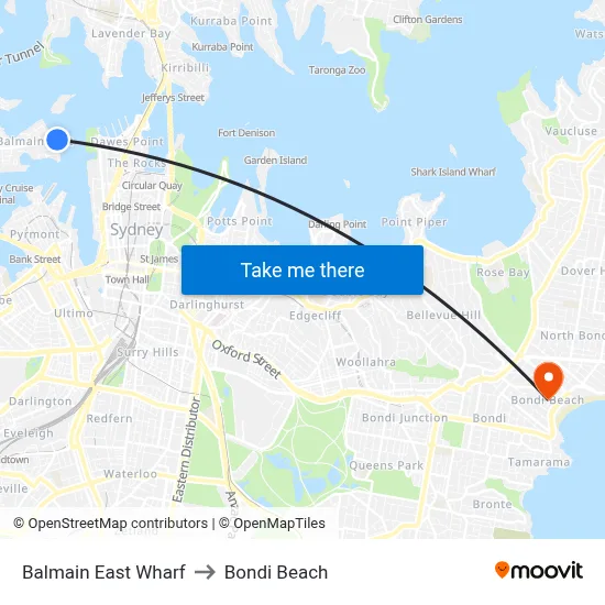 Balmain East Wharf to Bondi Beach map