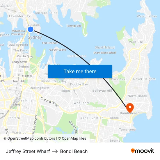 Jeffrey Street Wharf to Bondi Beach map