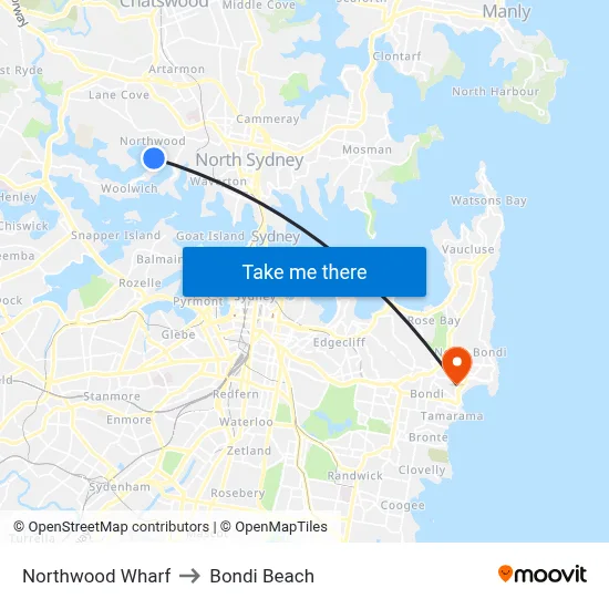 Northwood Wharf to Bondi Beach map