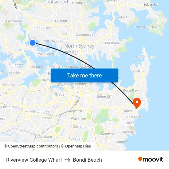Riverview College Wharf to Bondi Beach map
