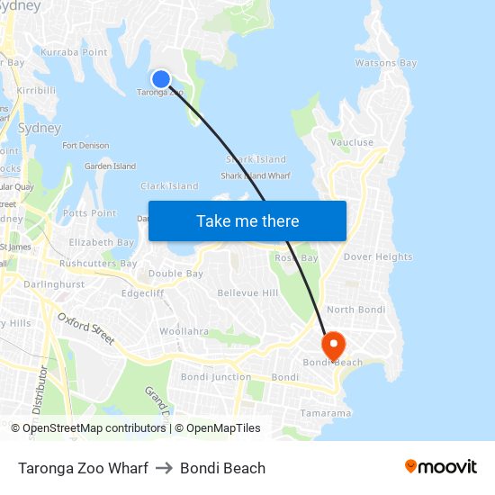 Taronga Zoo Wharf to Bondi Beach map