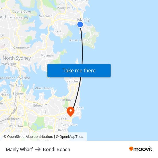 Manly Wharf to Bondi Beach map