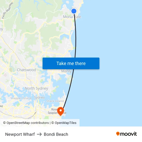 Newport Wharf to Bondi Beach map