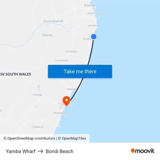 Yamba Wharf to Bondi Beach map