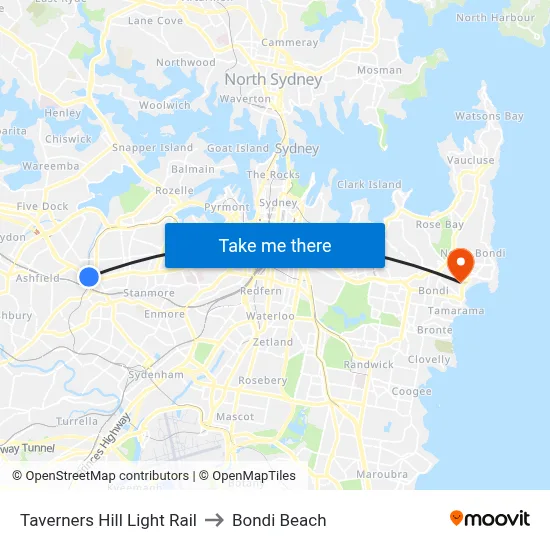Taverners Hill Light Rail to Bondi Beach map