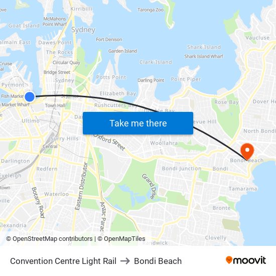 Convention Centre Light Rail to Bondi Beach map