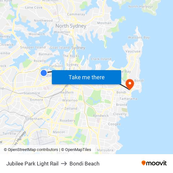 Jubilee Park Light Rail to Bondi Beach map