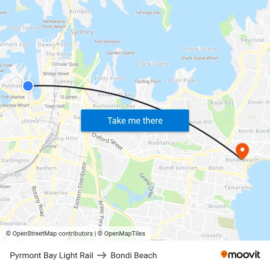 Pyrmont Bay Light Rail to Bondi Beach map
