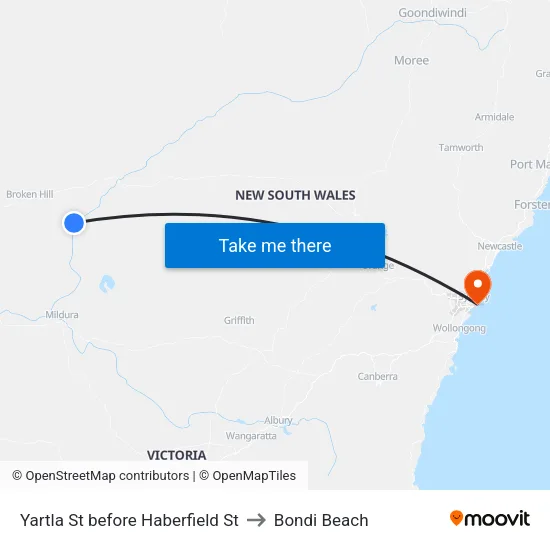 Yartla St before Haberfield St to Bondi Beach map