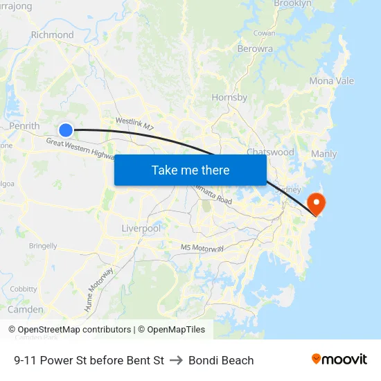9-11 Power St before Bent St to Bondi Beach map