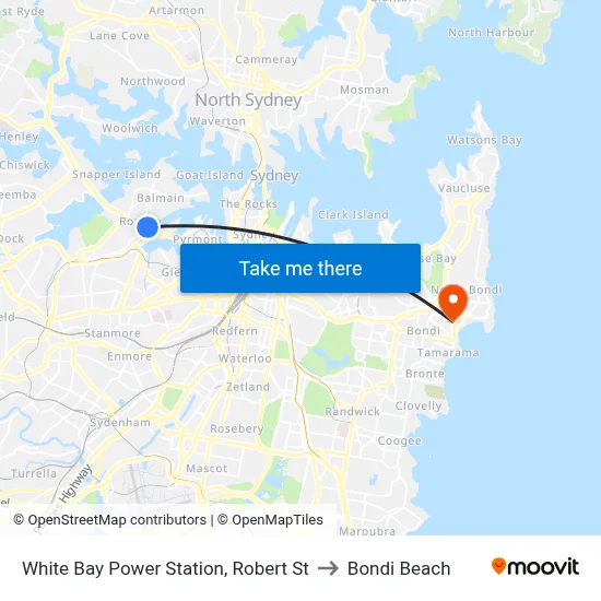 White Bay Power Station, Robert St to Bondi Beach map