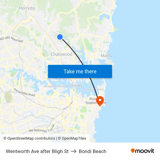 Wentworth Ave after Bligh St to Bondi Beach map