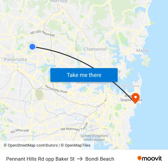 Pennant Hills Rd opp Baker St to Bondi Beach map