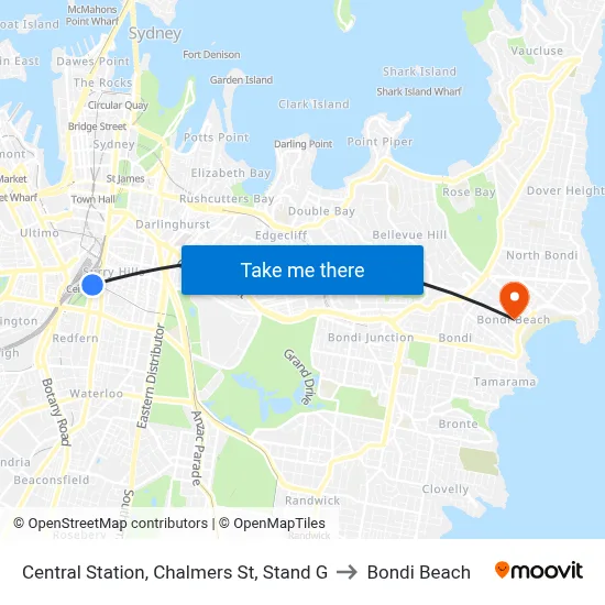 Central Station, Chalmers St, Stand G to Bondi Beach map